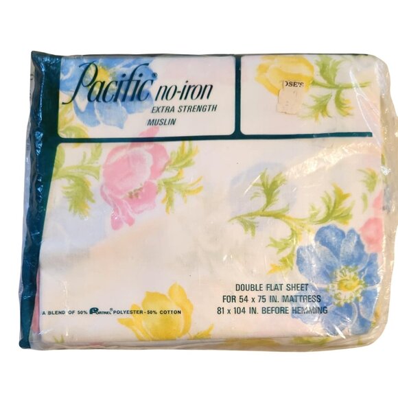 Pacific No-Iron Double Flat Sheet 81 X 104 Pre-Hemmed Cotton/Polyester Blend Flo - Picture 1 of 2